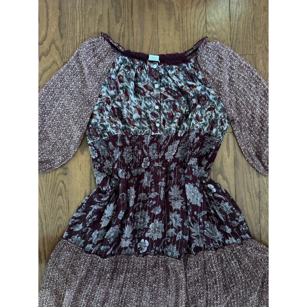 Sweet Magnolia Boho Floral Midi Dress Women's Large Burgundy Cottagecore